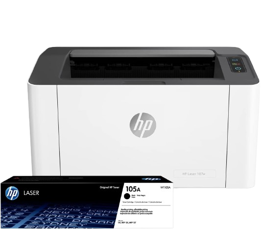 HP Impresora Laser 107w, Láser, Impresión en Negro, Wi-Fi, USB, Impresión y escanéo desde HP Smart App, Bandeja de 150 hojas