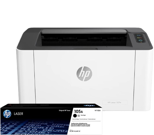HP Impresora Laser 107w, Láser, Impresión en Negro, Wi-Fi, USB, Impresión y escanéo desde HP Smart App, Bandeja de 150 hojas